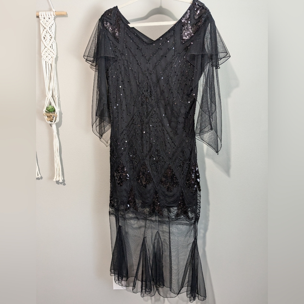 Vintage Embellished Beaded Mesh Tulle Sequin Flapper Gatsby Gown Dress L
